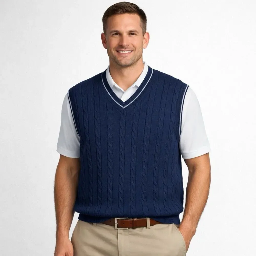 Golf Sweater Vest Mens XLT Tall Blue Cable Knit V-Neck Preppy Golf Country Club